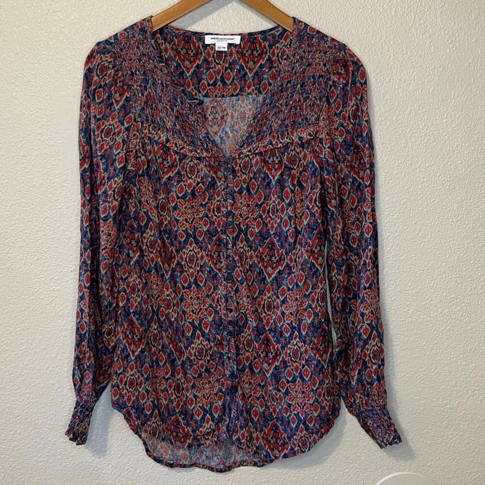 Beach Lunch Lounge Boho Red & Blue Boho Print Long Sleeve Cottage Core Blouse XS